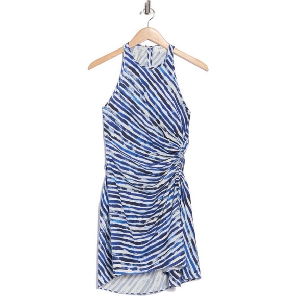 New A.L.C. Rue Stripe Ruched Silk Blend Dress in White Blue Size 14 - Picture 2 of 13